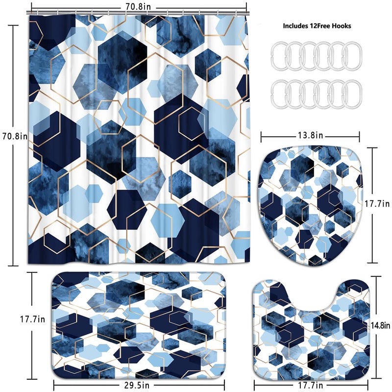 LQCOOL 4Pcs Sky Blue Geometric Shower Curtain Set with Navy Blue Abstract Art  12 Hooks  Bath Mat and Rugs - Image 3